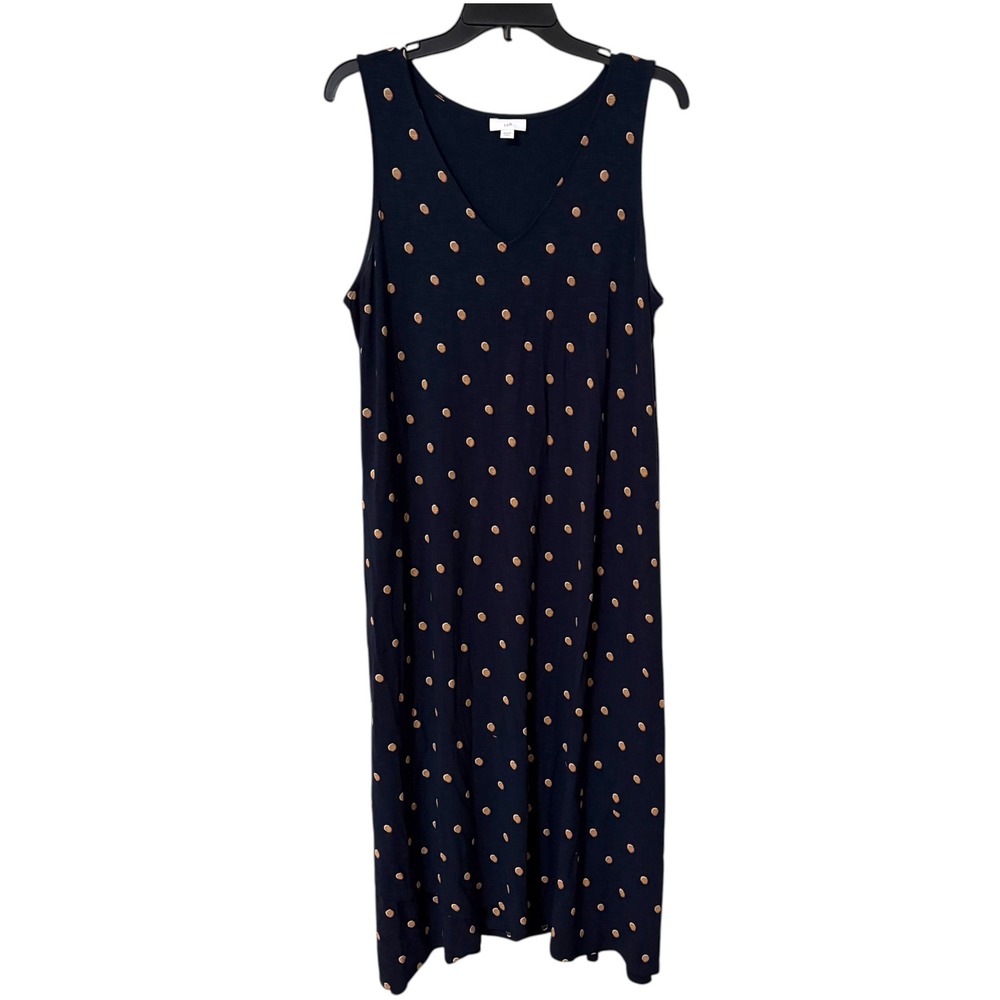 J. Jill Womens L Petite Maxi Dress Navy Blue Polka Dot Stretch Casual Office